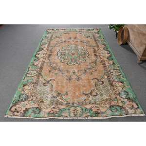 Tapis Oriental Beige Vert Laine 5.4X8.8 ft Vintage Turc Design Patchwork Rayé Rectangle pour Salon Couloir Nouveau - Product Image 1