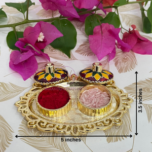Nuevo Plato Thali Kumkum Chapado en Oro de Diseño, Hermoso Plato Thali Chapado en Oro con Tapa de Diseño para Puja, Mehndi, Recuerdo - Product Image 2