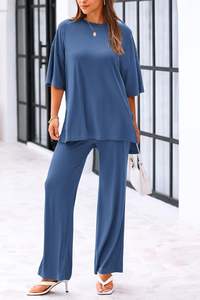 Womens Summer Casual Loose <b>Short</b> Sleeve Pullover Tops & <b>Wide</b> <b>Leg</b> Pants Lounge Sets Tracksuit - Product Image 3