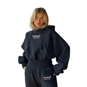 ชุดวอร์มมีฮู้ดของผู้หญิงผ้าคอตตอน100% 2ชิ้นเสื้อครอปแบบมีฮู้ดชุดวิ่งมีกระเป๋าด้านข้างพิมพ์ลายสำหรับใช้ในยิม - Product Image 4