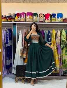 Modern Afghan Inspired Green Traditional <b>Dress</b> With Embroidered Bodice Flowing Skirt <b>White</b> Decorative Trim And Fashion Boutique - Product Image 3