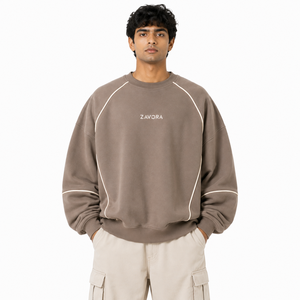 Wholesale Men's <b>Brown</b> Crewneck <b>Fleece</b> Sweatshirt Contrast Piping Casual Pullover Custom Logo Streetwear OEM Private Label Hoodie - Product Image 1