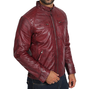 Veste en cuir de motard matelassée style bombardier pour homme col montant Bowie bordeaux avec cuir 100% - Product Image 3