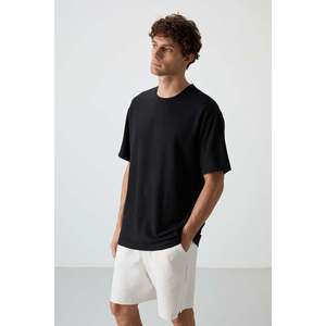 Basic Men's Oversize <b>Waffle</b> Interlock Textured T-<b>Shirt</b> Black-88379 100% Cotton - Product Image 3