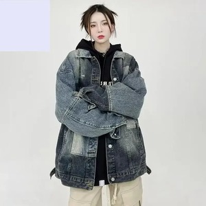 2024 Vintage femmes de haute qualité col rabattu vêtements d'extérieur veste meilleur surdimensionné Denim lavé bleu jean manteau pour l'automne hiver - Product Image 3
