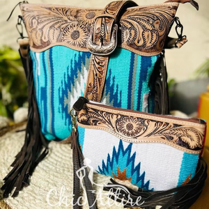 Wholesale Hand Tooled Leather Saddle <b>Blanket</b> Tassel Handbag Stylish Hand Carving Leather Saddle <b>Blanket</b> Wallet Women Combo Set - Product Image 1