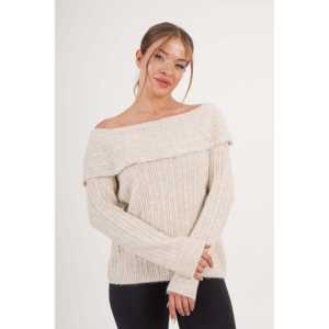 Pull en tricot à col Madonna orné de pierres, épaules dénudées, pour un style décontracté d'hiver - Product Image 4