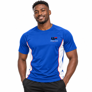 Camiseta Deportiva de Manga Corta para Hombre, Color Azul con Bloques de Color, Cuello Redondo, Corte Ajustado, Secado Rápido, Calidad Premium - Product Image 1
