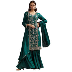 Venta al por mayor verde azulado Cutdana Lentejuelas Kurta Sharara con Dupatta para la recepción festiva del banquete de boda y pedidos étnicos personalizados - Product Image 3