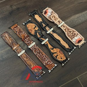 New Arrival Custom Western Floral Design Hand <b>Tooled</b> Leather <b>Watch</b> Band Boho Western Replacement Cowhide Leather <b>Watch</b> <b>Straps</b> - Product Image 1