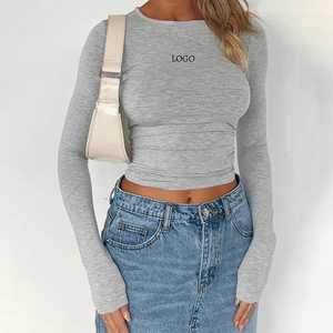 Camiseta corta de manga larga con cuello redondo Sexy en blanco y sólido con logotipo personalizado de OEM para mujer, ropa de calle 2024 para mujer, ropa de primavera y verano - Product Image 5