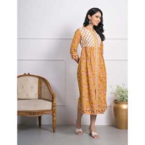 Vestido A-line de Algodón Amarillo con Estampado de Bloques para Mujer, Talla XS, Casual, Elegante, Hippie, para Fiesta, Cintura Natural, Transpirable, ODM, para el Día o Club - Product Image 4