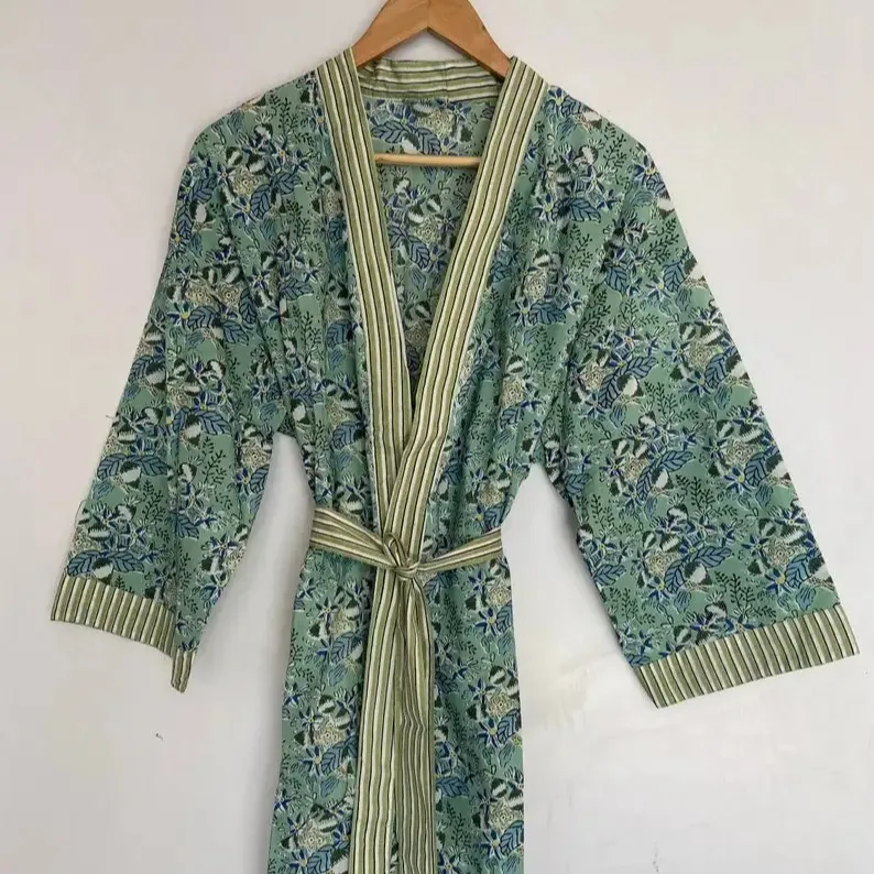 Handmade Đẹp Tay Khối In Tinh Khiết Bông Nhà Kimono Áo Choàng Quần Áo Ngủ Áo Choàng Tắm Cho Phụ Nữ Món Quà Cho Cô ấy Với Số Lượng Lớn Giá