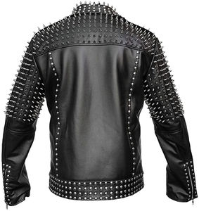 Chaqueta de Motociclista de Cuero Vacuno Genuino con Tachuelas, Estilo Casual Vintage para Hombre, Cierre de Cremallera, Decoración de Plumas, Ecológica, Primavera - Product Image 5