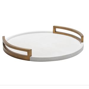 Plateau tendance de couleur blanche avec poignée brune, design en marbre, plateau de service élégant pour boissons et collations, à des fins décoratives - Product Image 1