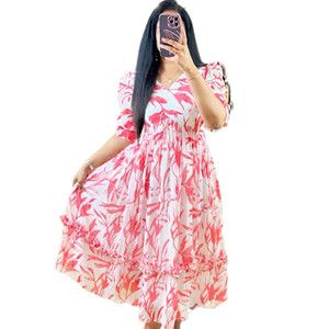 Robe d'été pour femme à imprimé floral, coupe évasée, en mousseline, manches courtes, double couture, taille élastique, respirante, écologique - Product Image 1