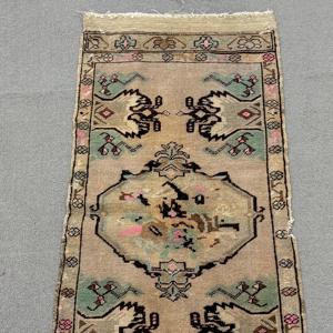 Vintage Eco Friendly Rug 1.6x3.3 ft <b>Brown</b> Green Patchwork <b>Wool</b> Turkish Rug with Latex Backing - Product Image 5