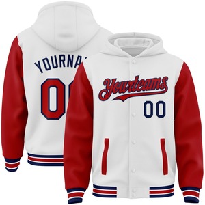 Vente en gros dans l'industrie directe, blouson d'hiver décontracté personnalisé blanc rouge-marine, veste à capuche bicolore Varsity Letterman à snap complet - Product Image 1