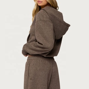 Sudadera con capucha corta negra para mujer, con cremallera, manga larga, con cordón, informal - Product Image 6