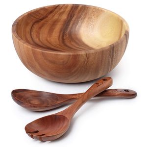 Vente chaude bol à salade en bois d'acacia avec ensemble de serveurs bol en bois de haute qualité avec cuillère pour salades de fruits et décoration - Product Image 6