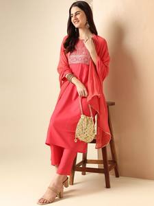 women ethnic Motifs Yoke Design Regular Sequined viscose rayon Kurta with <b>Trousers</b> & With Dupatta indian pakistan salwar kameez - Product Image 6