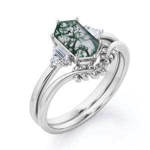 Vintage 925 Sterling Silver Wedding <b>Ring</b> for Women Hexagon Shaped Moss Green Agate Crown <b>Cubic</b> <b>Zirconia</b> Rhodium for Parties - Product Image 2