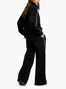 Chándal de lana de encaje bordado con cremallera completa de algodón 100% para mujer, Conjunto de jogging negro sólido con hombros caídos de gran tamaño para invierno - Product Image 6
