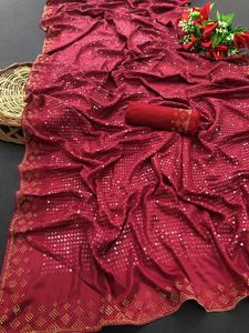 Élégant vêtement de fête, crêpe Pure, soie douce avec séquence de fil, pierre de travail, sari, bordure de tuyauterie, grossiste de Surat - Product Image 6