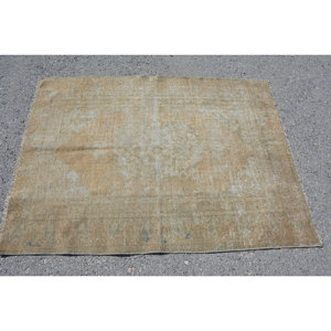 Alfombra turca Vintage Beige 3,6X4,9 pies Tejido plano de lana con patrón de retazos para decoraciones de sala de estar - Product Image 3