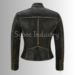 Chaqueta de cuero de motorista con hombros acolchados para mujer, chaqueta de cuero de motorista de piel de oveja genuina para moda y ropa informal - Product Image 5