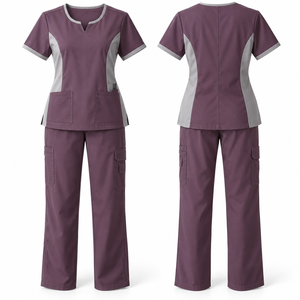 Conjunto de Uniforme Médico Personalizado para Mujer, Color Morado con Detalles Grises y Bolsillos, Tela Tejida de Algodón y Poliéster - Product Image 1