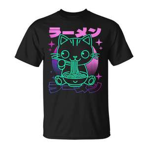Camiseta Neko Anime Kawaii Ramen Cat, diseño negro neón, unisex, para adultos, cuello redondo, manga corta, impresión digital - Product Image 1