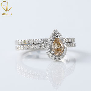 Ensemble de bagues de mariée, solitaire Moissanite coupe poire marron jaune clair fantaisie avec anneau Halo Accent, bague de mariage demi-éternité - Product Image 2