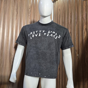 OEM Custom Screen Printed Oversize <b>Acid</b> Wash T Shirt Rhinestone Men's Vintage Washed 100% Cotton <b>Drop</b> Shoulder T Shirt - Product Image 1