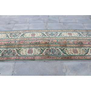 Alfombra Vintage, Alfombra Turca de 2.9x9.2 pies, Alfombra Oriental de Lana Roja y Azul - Product Image 4