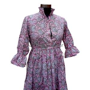 Robe midi en coton vintage pour femmes, col en V, manches courtes, écologique, légère, style minimaliste, décontractée, imprimé floral, respirante - Product Image 5