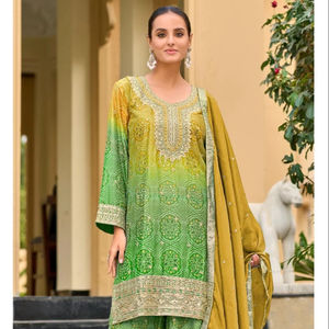 Impresión digital de Chinon Shalwar Kameez con bordado interior y Dupatta Ropa de fiesta festiva perfecta-¡Exigente! - Product Image 1