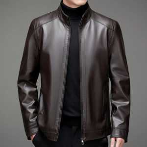 Coated Stand Collar Front Logo Vintage Hooded Genuine Leather Men's Varsity <b>Jacket</b>-Wholesale Custom - Product Image 3