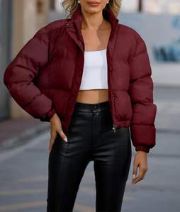 Chaqueta acolchada recortada para mujer, abrigo corto acolchado con cremallera de invierno, prendas de vestir, chaqueta acolchada corta a la moda, cuello vuelto, sólido - Product Image 4