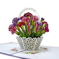 Tarjeta de Felicitación 3D con Diseño de Cesta de Flores y Corte Troquelado, Papel Mate Rectangular para Saludos
