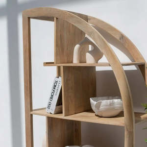 Estantería de madera maciza en forma de arco con Estantes abiertos y cajones de almacenamiento Estante de exhibición decorativo moderno - Product Image 2