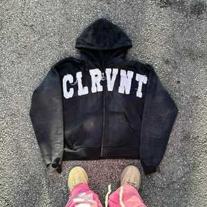 Sweats à capuche avec broderie applique personnalisée en coton mélangé Veste zippée Lavage à l'acide Vintage Délavé Hommes Polaire Streetwear Hoodie - Product Image 3