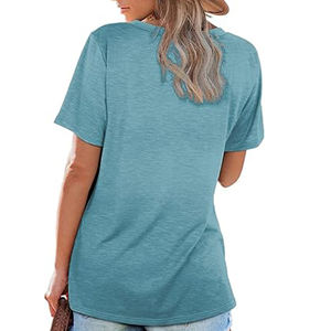 T-shirt décontracté à manches courtes et col en V pour femmes, couleur unie, broderie imprimée, logo en toile polyester - Product Image 5