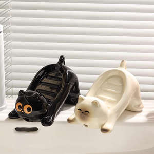 Porte-savon en céramique à clapet avec grands yeux, mignon, pour la salle de bain, avec couvercle et trous de drainage, garde le savon propre et sec - Product Image 1