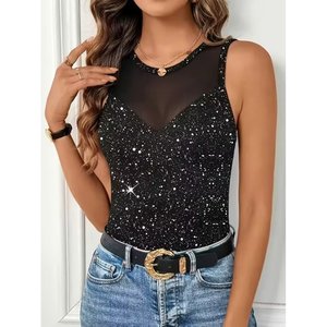 เสื้อสตรีแขนกุดผ้าทูลล์ประดับด้วยหิน รุ่น 36760 - สีดำ - Product Image 1