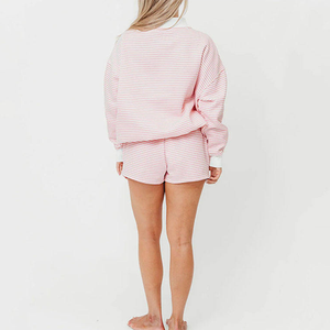 Ensemble survêtement femme en molleton de coton français surdimensionné de haute qualité, à col montant rayé uni, deux pièces, short de survêtement - Product Image 4