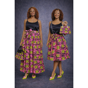 Gonna lunga Ankara con stampa a ghiande rosa e verde lime, vita impero con fiocco - Product Image 3