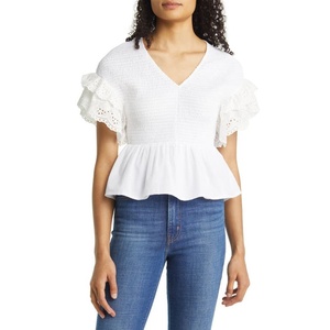 Top corto de mujer XX-Small con manga con volantes, cuello en V, fruncido, de tela de chifón bordada blanca, de punto, ajuste holgado y cuello con volantes - Product Image 1