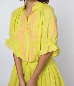 Robe mini bohème jaune à motif cachemire brodé à la main, col en V, manches courtes à pompons, taille ample, 100 % coton, automne, écologique - Product Image 5