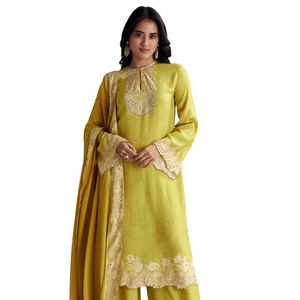 Vestito Palazzo stampato verde limone con lavoro a specchio all'ingrosso donna abbigliamento etnico OEM fabbrica fornitore di massa personalizzato - Product Image 4